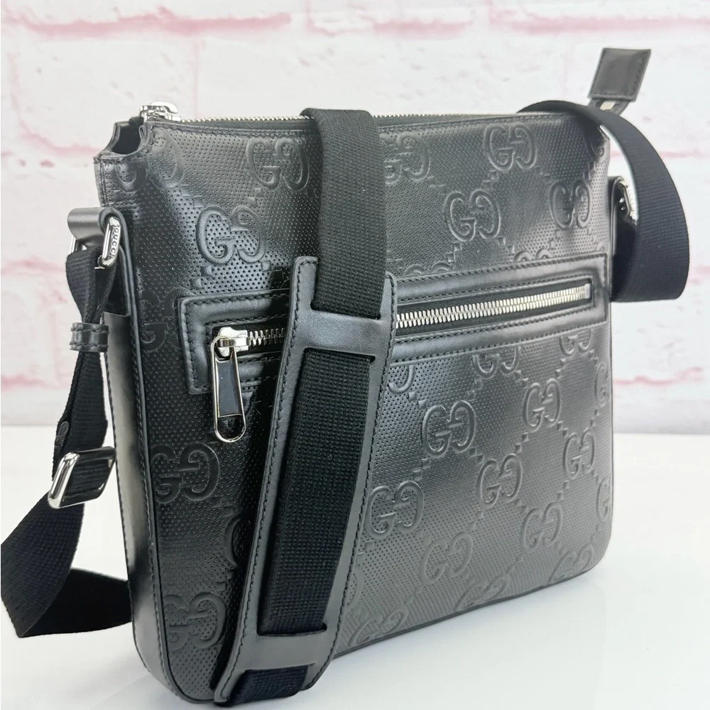 Gucci Black Gg Embossed Leather Messenger Bag